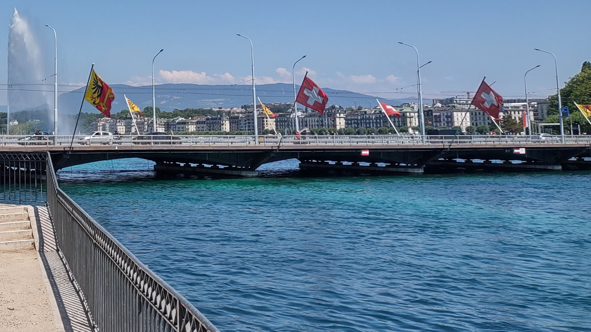 Geneva's left bank as seen from the mouth of the Rhone.